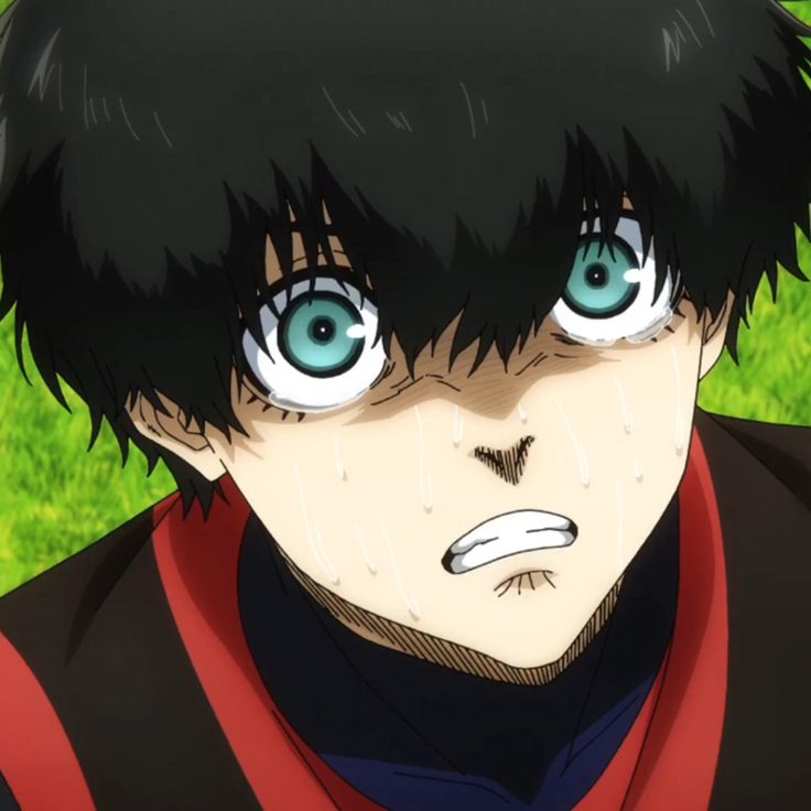 an anime character with blue eyes and black hair, staring at the camera while standing in front of green grass