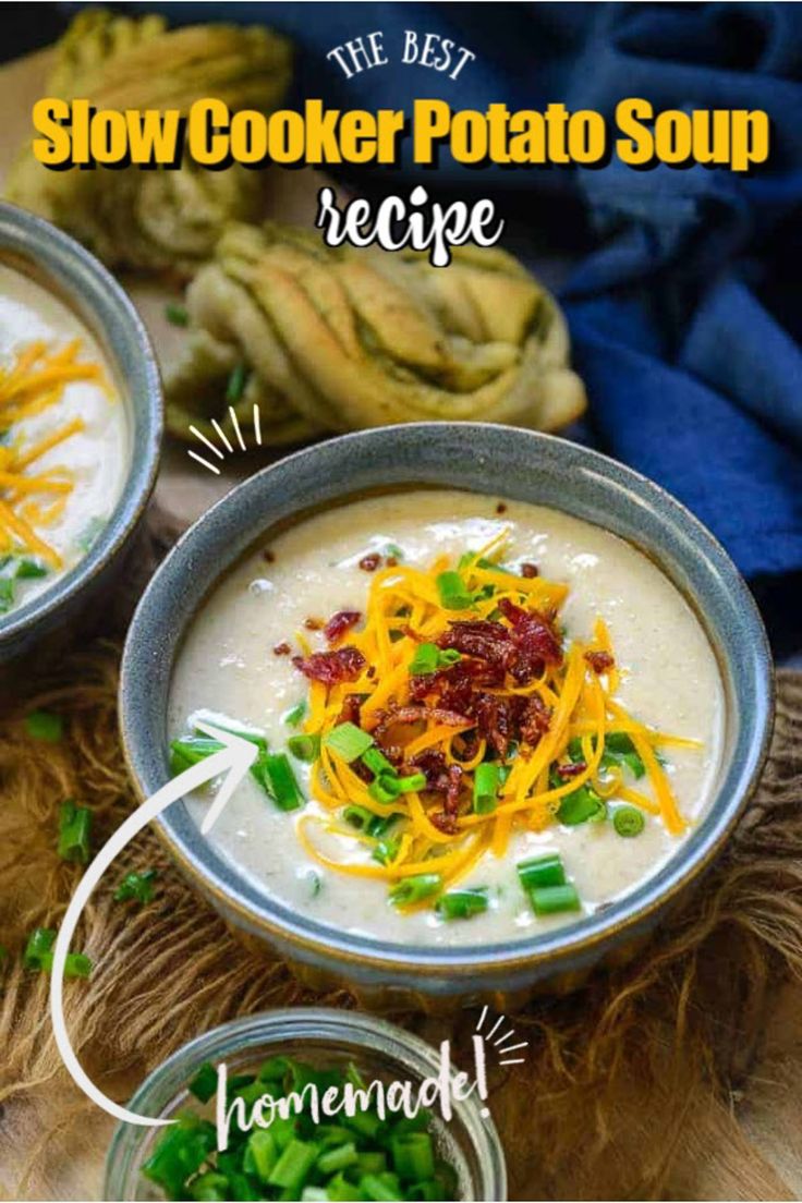 this slow cooker potato soup recipe is so easy to make it's loaded with cheese, bacon and green onions