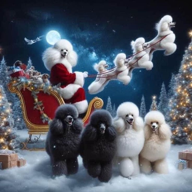 a group of poodles sitting on top of a sleigh