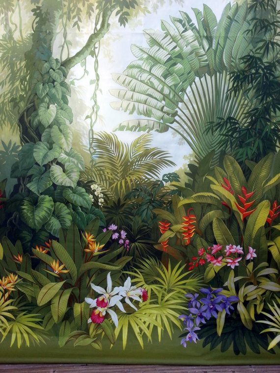 a painting of tropical plants and flowers