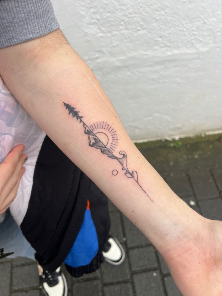 tattoo, forearm, mountains, earthy, earth, nature, tent, trees, sun, arm, moon, waves Travel Tattoo Ideas, Motherhood Tattoos, Wave Tattoo Design, Stunning Tattoos, Sun Tattoo Designs, Travel Tattoos, Bunny Tattoos, Drawing Styles, Passport Stamps