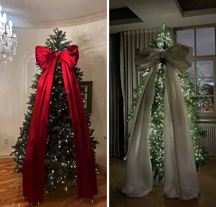 two christmas trees decorated with bows and lights