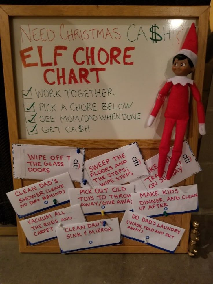 an elf is sitting in front of a sign