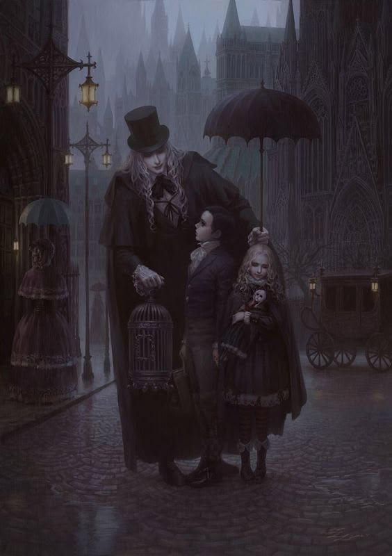 an image of a man and two children in the rain