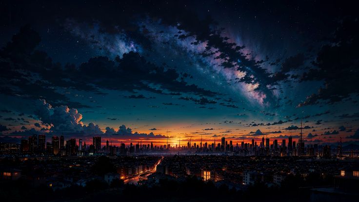 the sky is filled with stars and clouds as the sun sets over a cityscape