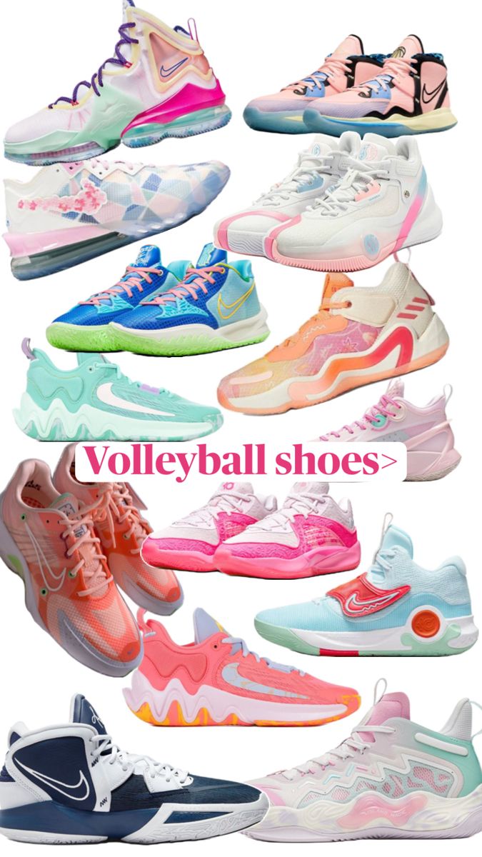 many different types of shoes are shown in this image, with the words volleyball shoes below them