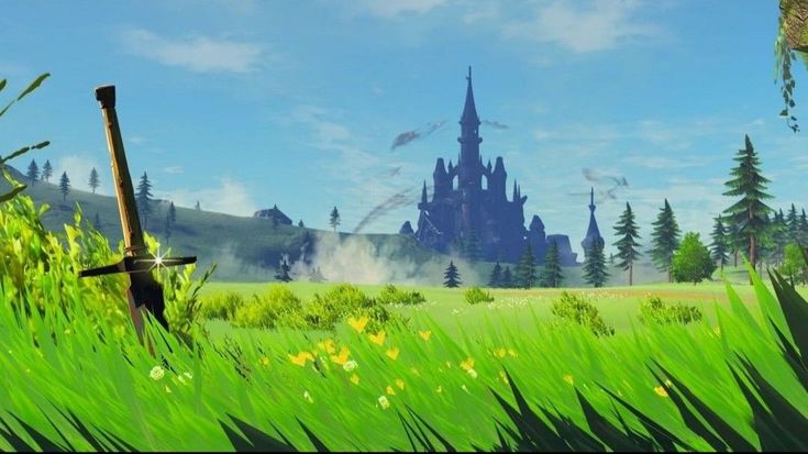 an animated image of a castle in the middle of a field with tall grass and flowers