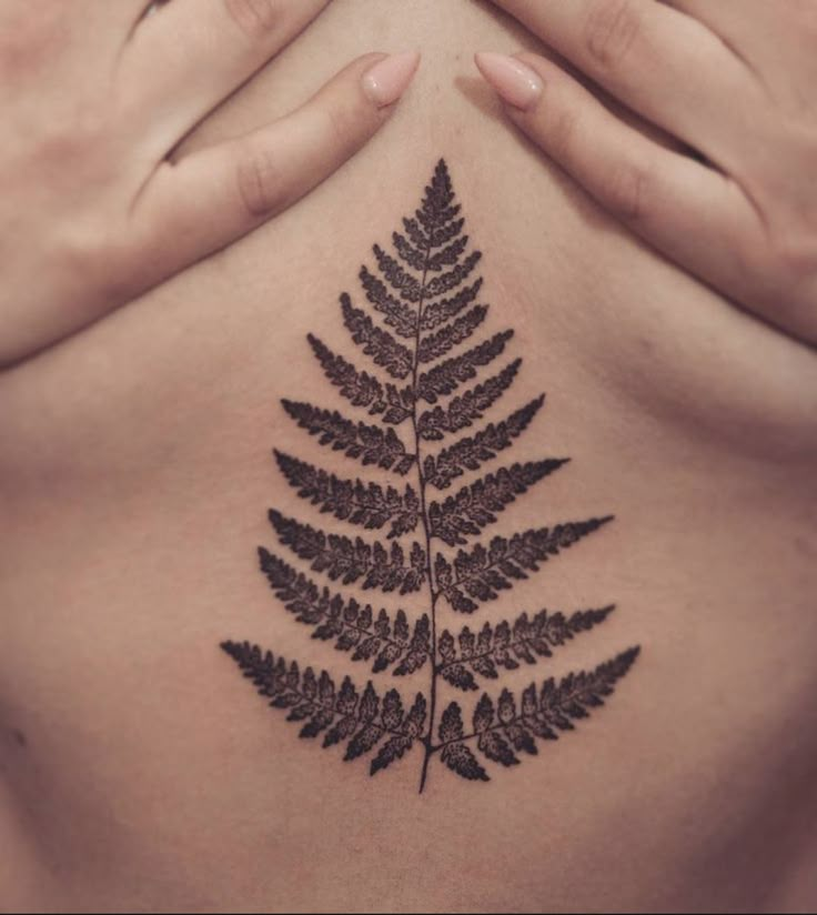 a woman's stomach with a leaf tattoo on her belly and hands holding it