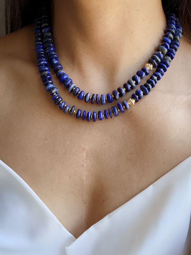 Elevate your style with this exquisite Necklace with Lapis Lazuli natural stone. This versatile piece is a symbol of confidence with its contrast of style and organic marine elements. Simple sophistication casual easy to match dress up dress down or layer. A timeless elegant piece of jewelry that will impress time and time again. Details: AA+ Quality stone carefully hand selected. Length: 17 inches + 1.5 inch extender chain Sustainable and natural materials Handcrafted in our studio in Florida S Gemstone Necklace Ideas, Lapis Necklace, Large Bracelet, Lapis Lazuli Necklace, Small Bracelets, Time And Time Again, Beaded Stretch Bracelet, Beaded Jewelry Diy, Be Unique