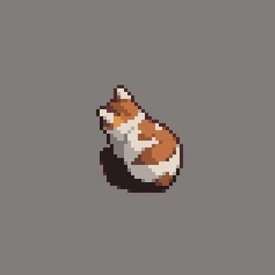 a pixellated image of a cat sitting on the ground with its head turned to look like it's sleeping