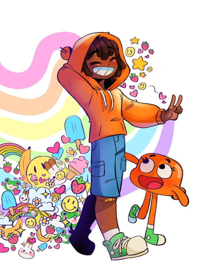 a person in a hoodie standing next to an orange cat and other cartoon characters