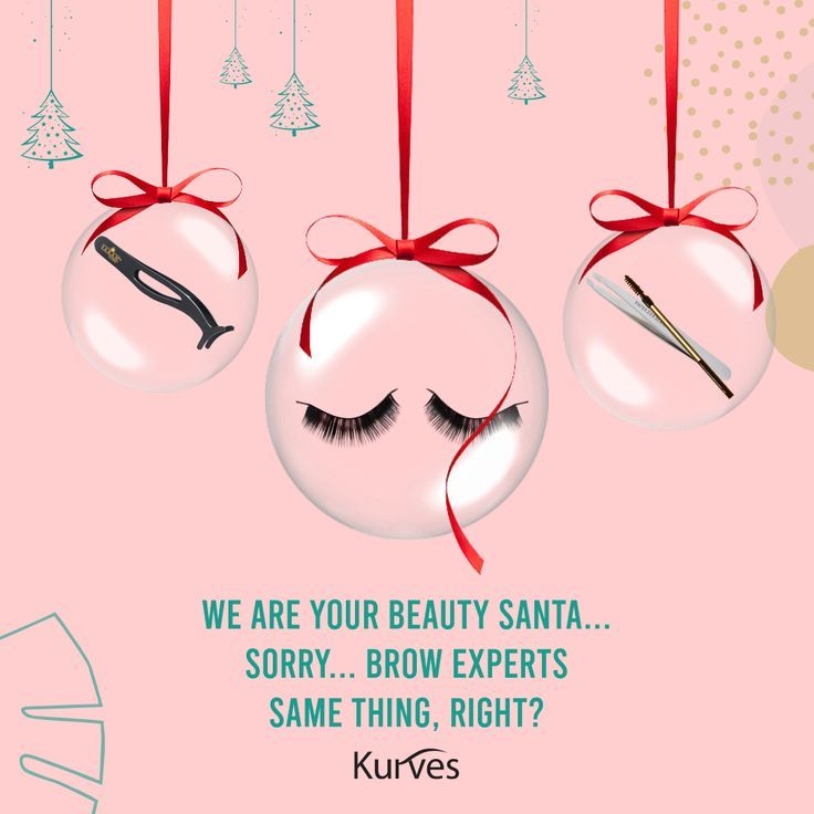 an advertisement with eyelashes and scissors hanging from the strings, which says we are your beauty santa sorry, brow experts same thing, right?