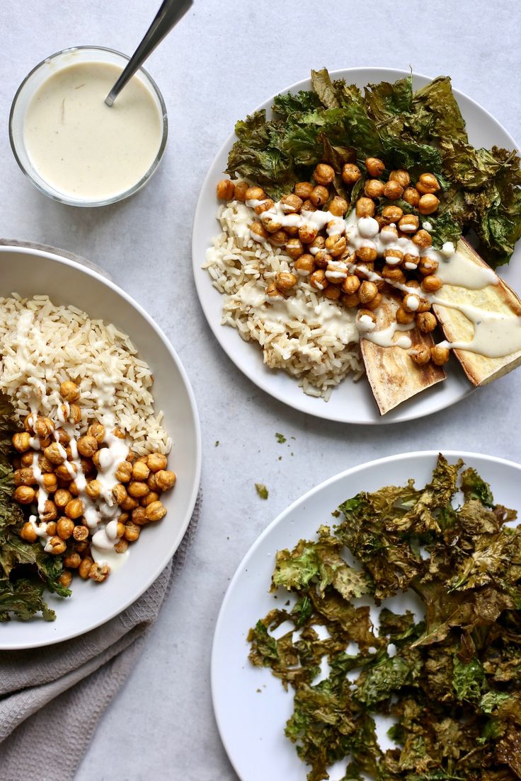 three plates with different types of food on them next to a bowl of ranch dressing