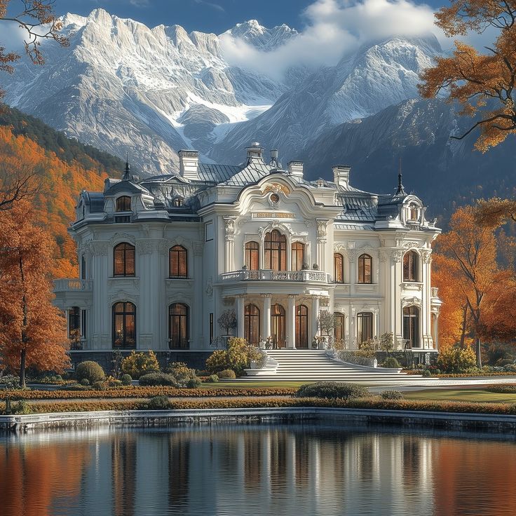 a large white house sitting on top of a lush green field next to a lake