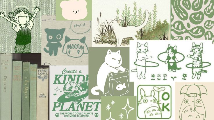 a collage of green and white images with animals, plants, and other things