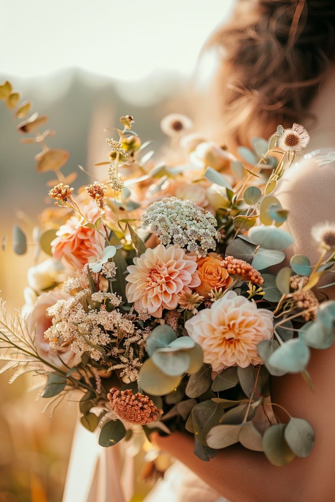 a woman holding a bouquet of flowers in her hands