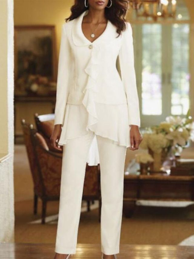 Two Piece Jumpsuit / Pantsuit Mother of the Bride Dress Plus Size Elegant V Neck Floor Length Chiffon Long Sleeve with Ruffles 2023 2023 - US $129.99 Bride Pantsuit, Woman Suit, Formal Wedding Guests, Bride Gown, White Long Sleeves, Fall Wedding Guest, Fall Wedding Guest Dress, Two Piece Jumpsuit, Corded Lace