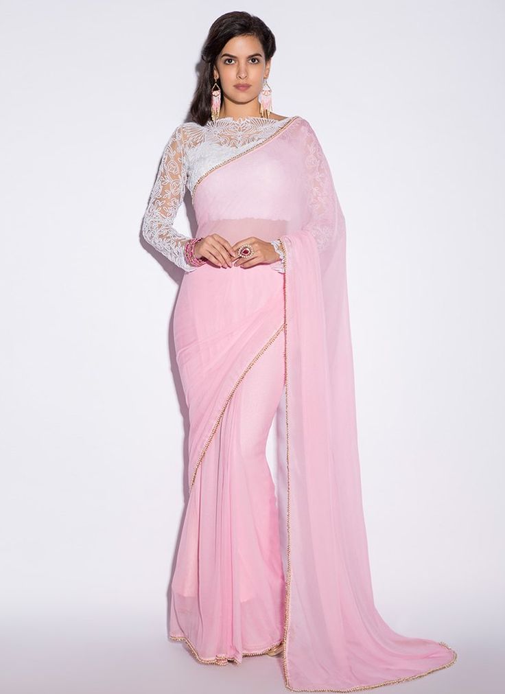 White and Pink Embroidered Saree White Net Blouse Designs For Saree, Blouse Disgen Latest, White Net Blouse Designs, White Net Blouse, Pink Party Wear Saree, Blush Pink Party, Sarees For Bride, Baby Pink Saree, Pink Sarees