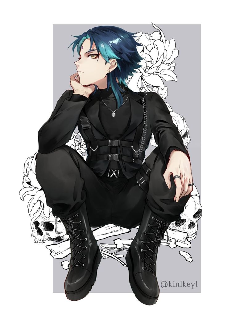 a man with blue hair sitting on the ground