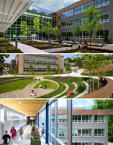 several people sitting on the ground in front of a building and some trees with green grass