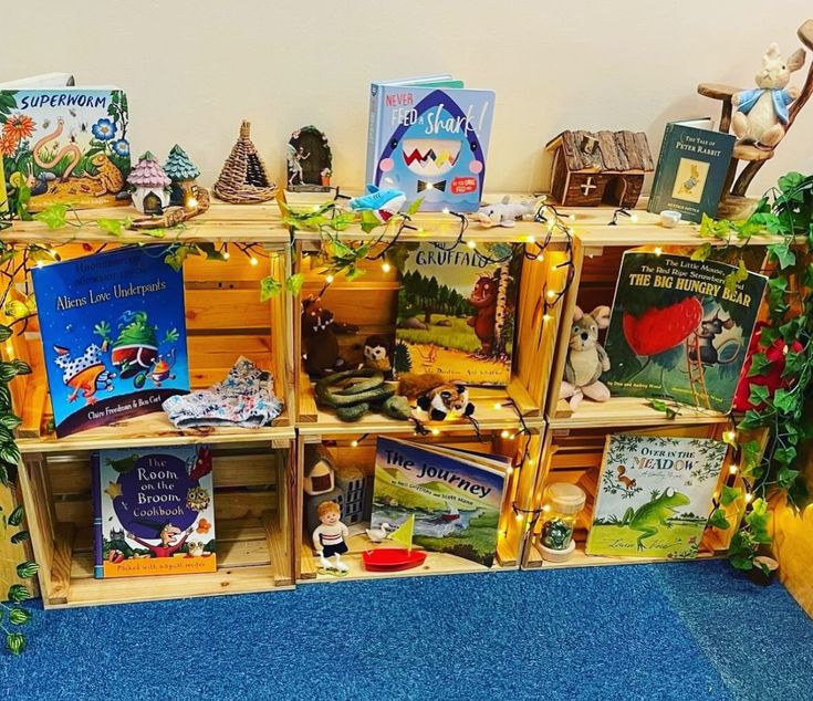 several wooden shelves filled with books on top of blue carpeted floor next to wall