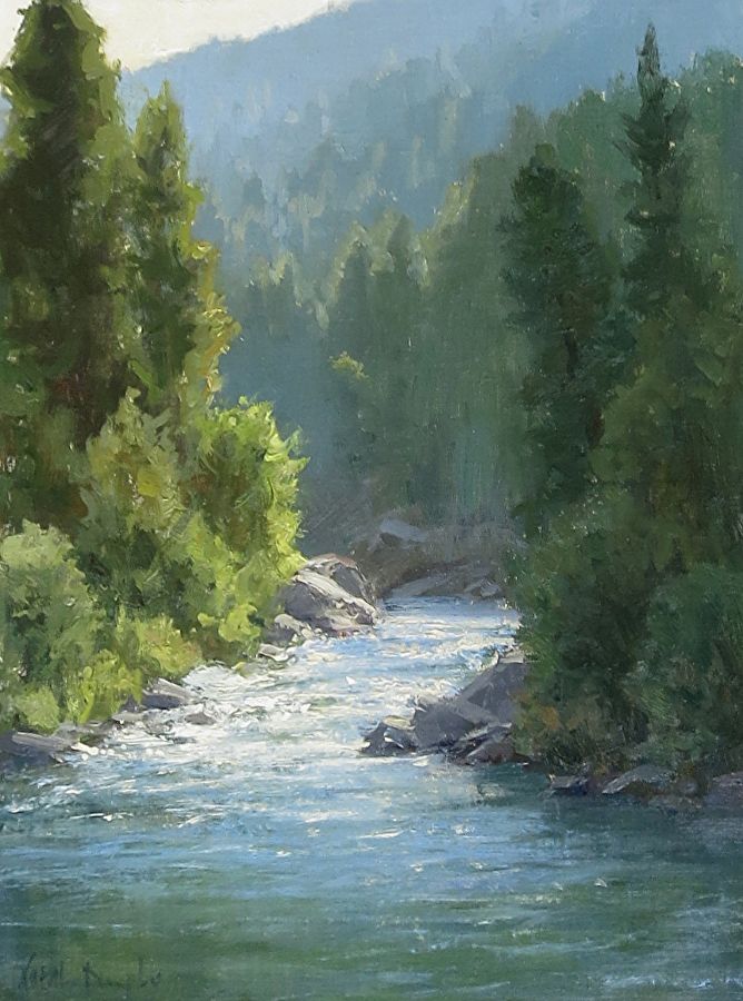 a painting of a river surrounded by trees