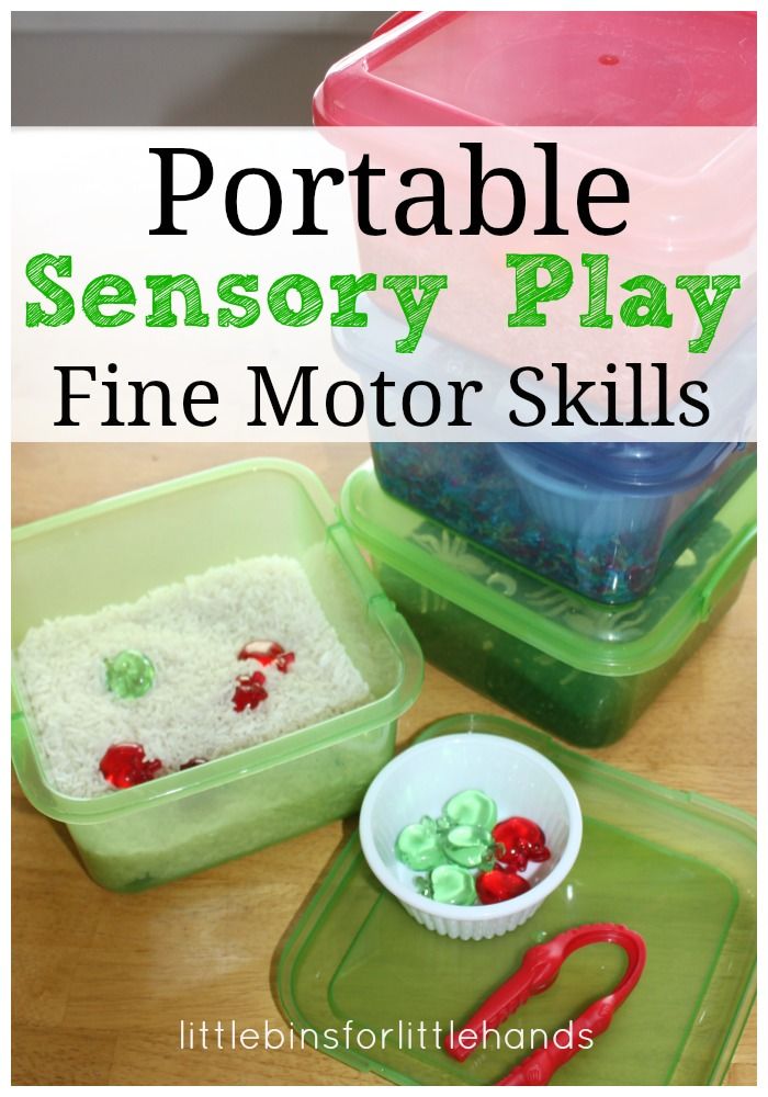 three plastic containers filled with food on top of a wooden table and the words portable sensory play fine motor skills