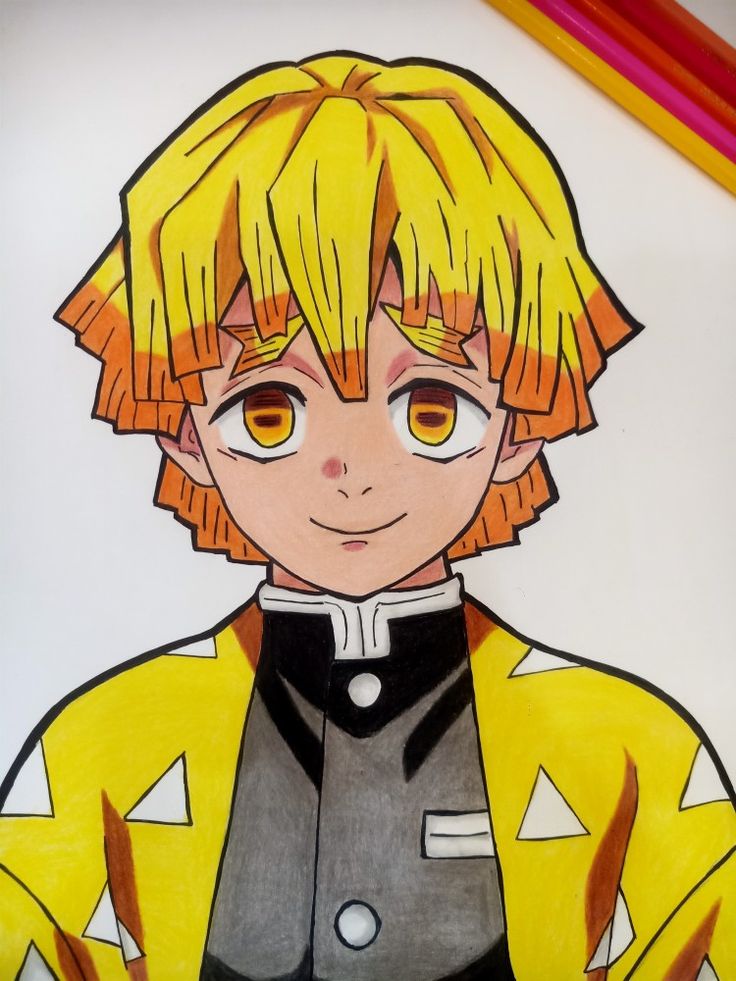 a drawing of an anime character with yellow hair and orange eyes, wearing a black jacket