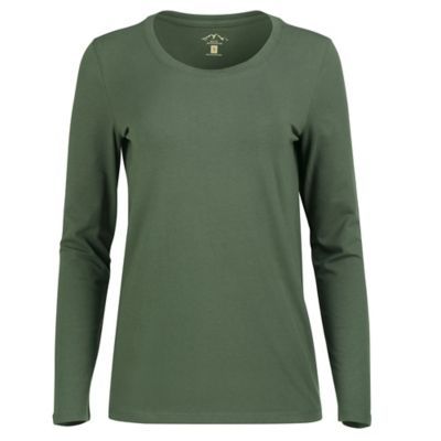 Stay cozy and comfy throughout the day with the Blue Mountain Women's Solid Long Sleeve Scoop Neck T-Shirt. This premium quality tee is made from 95% cotton 5% spandex knit jersey fabric for comfort and flexibility. Designed for all weather this long sleeve tee, pairs with a sweater on colder days or looks great by itself in the summer. 95% cotton, 5% spandex knit jersey fabric Flattering scoop neck Tagless back for added comfort Garment is not flame-resistant and is not intended for welding.