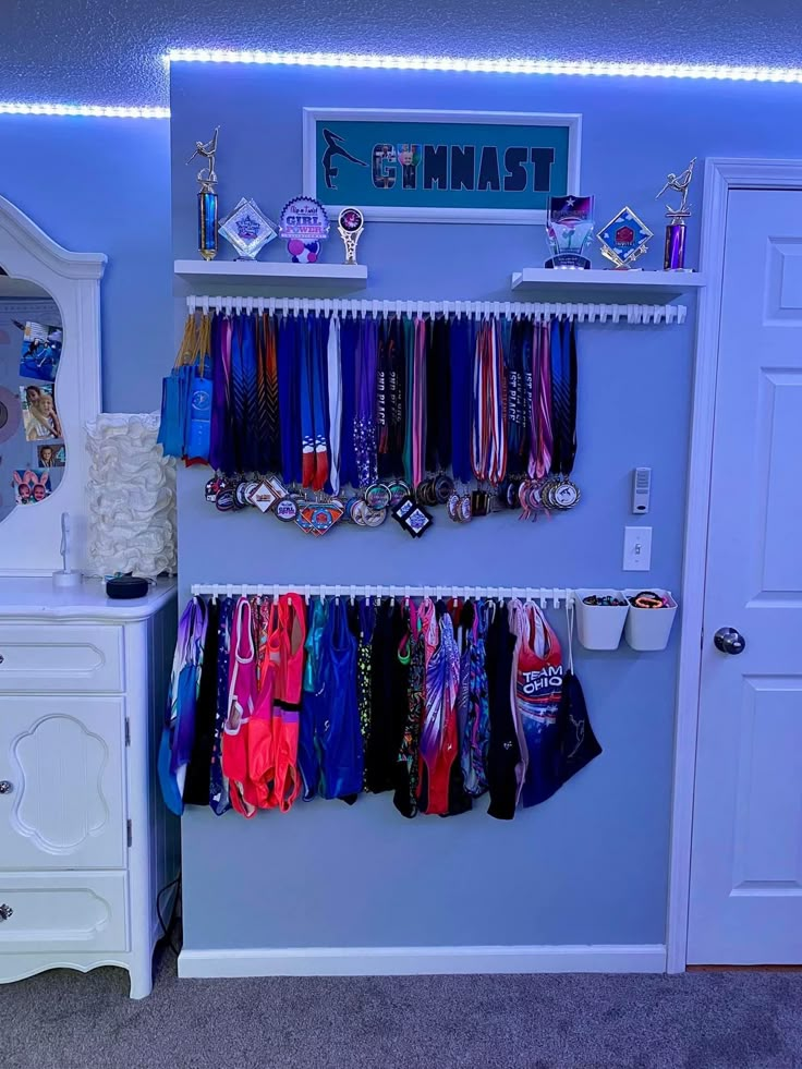 there is a closet with many medals on it