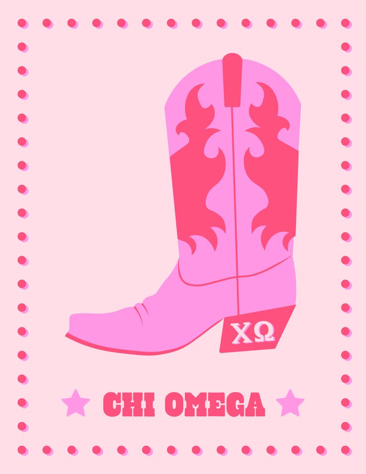 a pink cowboy boot with the word chi omega on it's side and stars