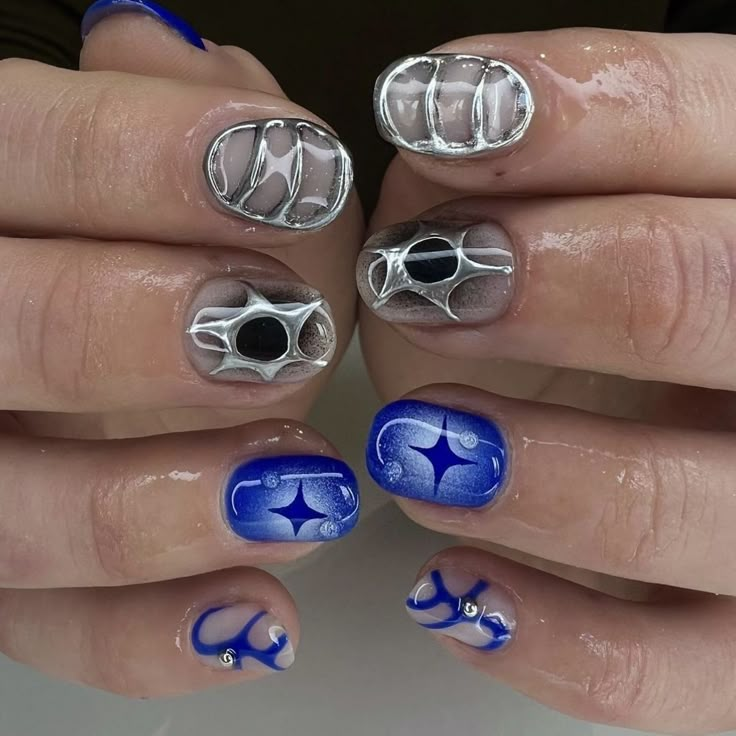 Men Chrome Nail Designs, Men Nail Art Chrome, Chrome Nail Art Men, Masc Lesbian Nails, Men’s Chrome Heart Nails, Cybercore Nails Blue, Mens Nails, Hard Nails, Studded Nails