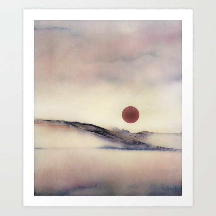 an abstract painting with a red ball in the sky above mountains and foggy water