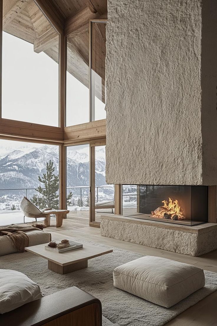 Modern chalet double sided stone fireplace with large windows and stunning Alpine mountain views. Check out and drool over all of these enchanting mountain homes with stone fireplaces–the ultimate cozy and rustic retreats. Mountain Apartment Interior Design, Mountain Stone Fireplace, Fireplace Near Windows, Home Fireplace Stone, Large Open Fireplace, Modern Lodge Fireplace, Mountain Interior Design Rustic, Ski Interior Design, Modern Alpine Interior