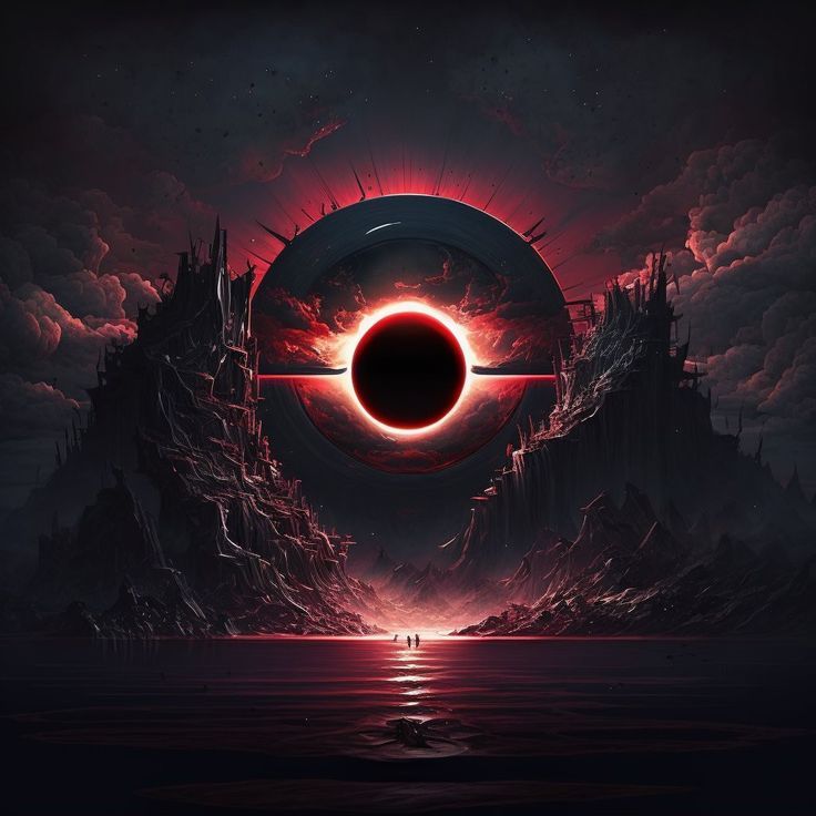 an eclipse in the sky over a dark landscape with mountains and clouds, as seen from water