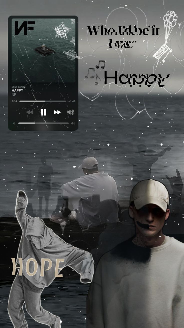 a man standing in front of an ocean with music playing on his headphones and the words hope above him