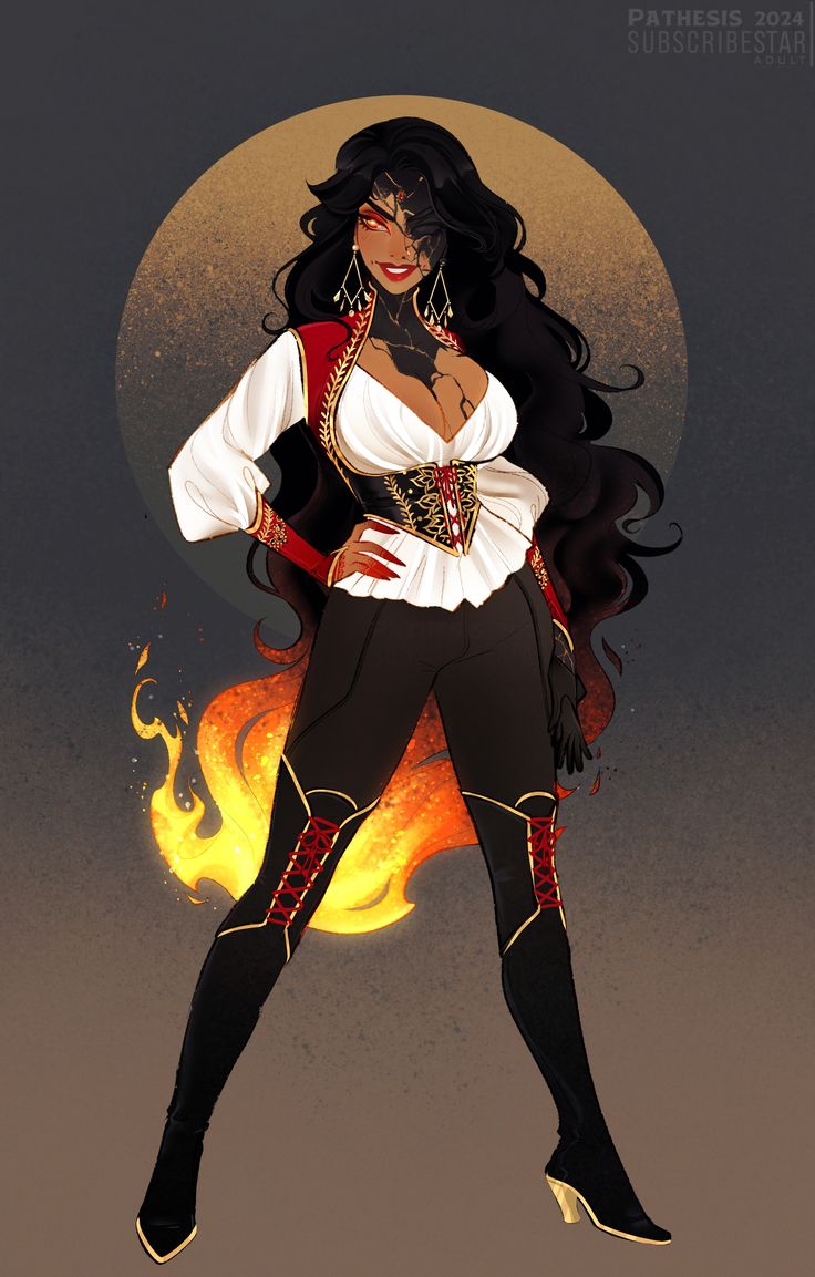 a drawing of a woman in black and white clothes with flames behind her, on a dark background