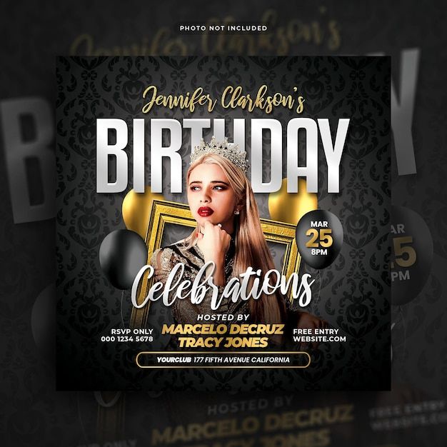 a birthday party flyer with a woman wearing a tiara