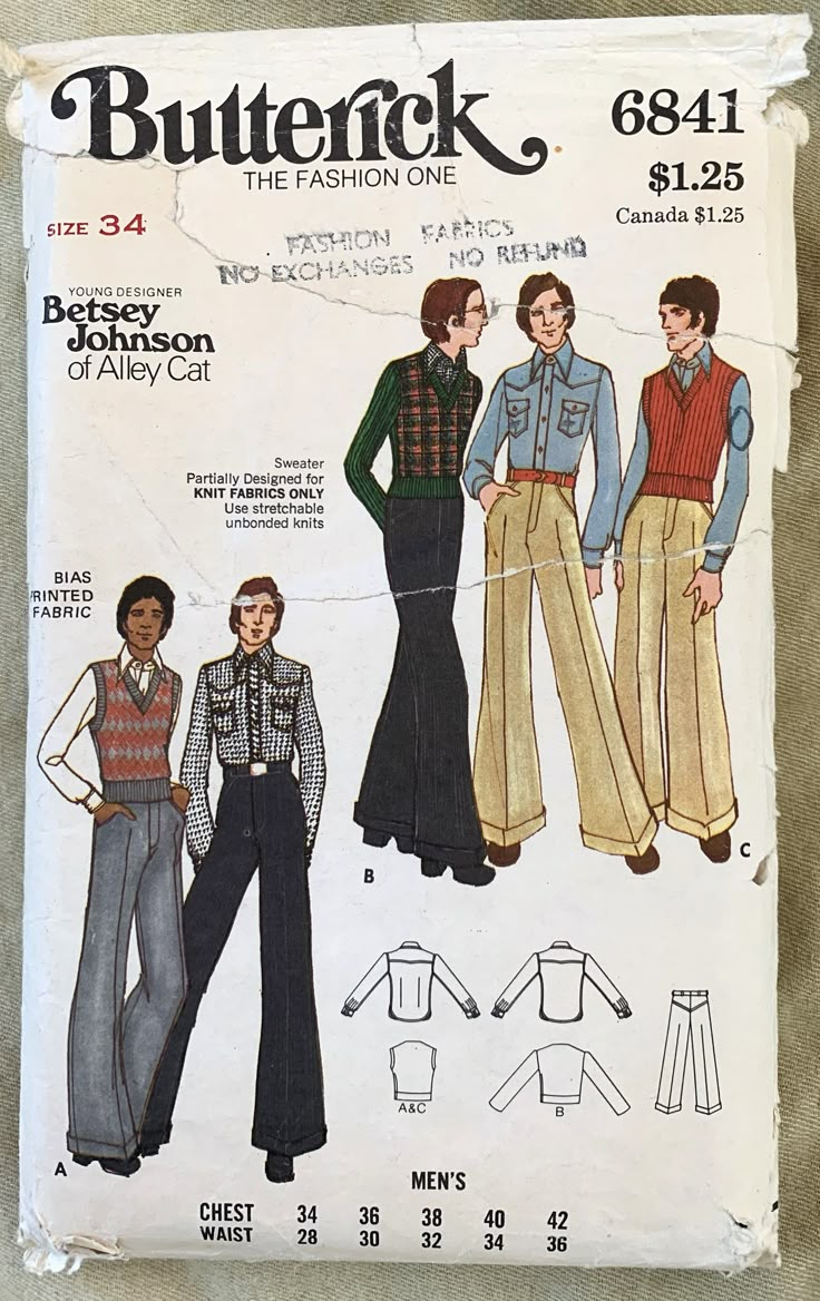 1972 Butterick Pattern 6841 Young Designer Betsey Johnson of Alley Cat Size 24 or Size 36 MEN'S SWEATER, SHIRT & PANTS Size 34 🧵Only shirt pieces cut.  All variations still available.  Couple tissue tape repairs and stain on one piece.  Pattern is complete and in excellent condition with instructions.  🧵Envelope creased at corners, edges and lip.  Large tears across front repaired with tissue tape.  Worn corners.  Missing large top back section of envelope.   Size 36 🧵Only shirt pieces cut. Mode Queer, 70s Fashion Men, 1970s Men, 70s Men, Western Style Shirt, Queer Fashion, Alley Cat, Cuffed Pants, Betsy Johnson