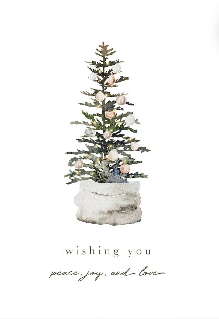 a christmas tree in a pot with the words wishing you peace joy and love