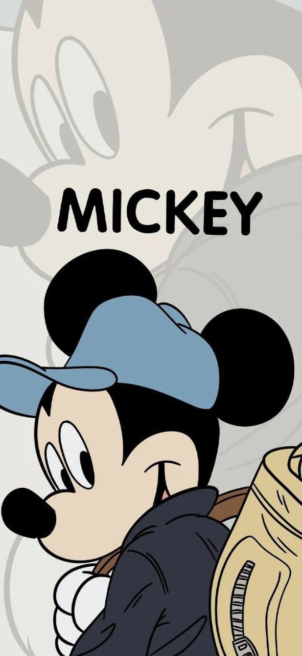 the mickey mouse is holding a baseball glove and wearing a blue hat with his head tilted back