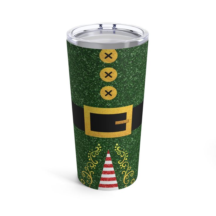 a green and gold christmas themed cup with a santa hat on the top, sitting next to a white background