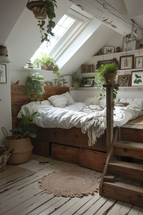 a bed sitting under a window next to a stair case in a room filled with plants