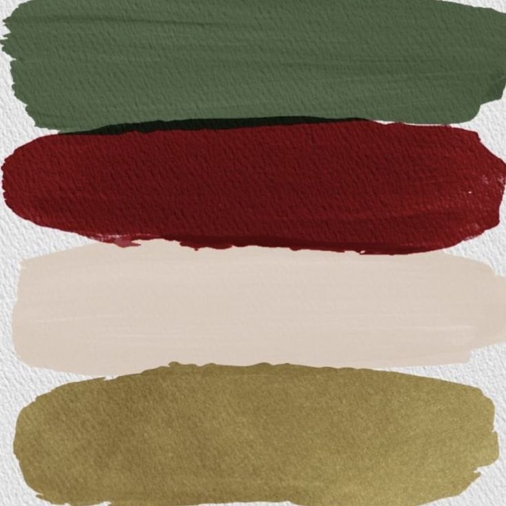 four different shades of green, red, and gold paint on white paper with brush strokes