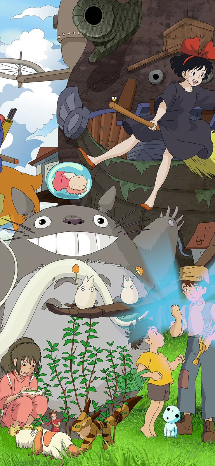 an animated scene with people and animals in the background