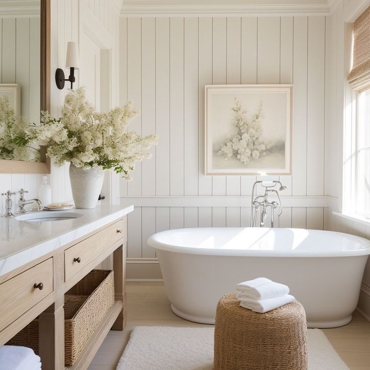 a white bath tub sitting in a bathroom next to a sink and mirror with flowers on it