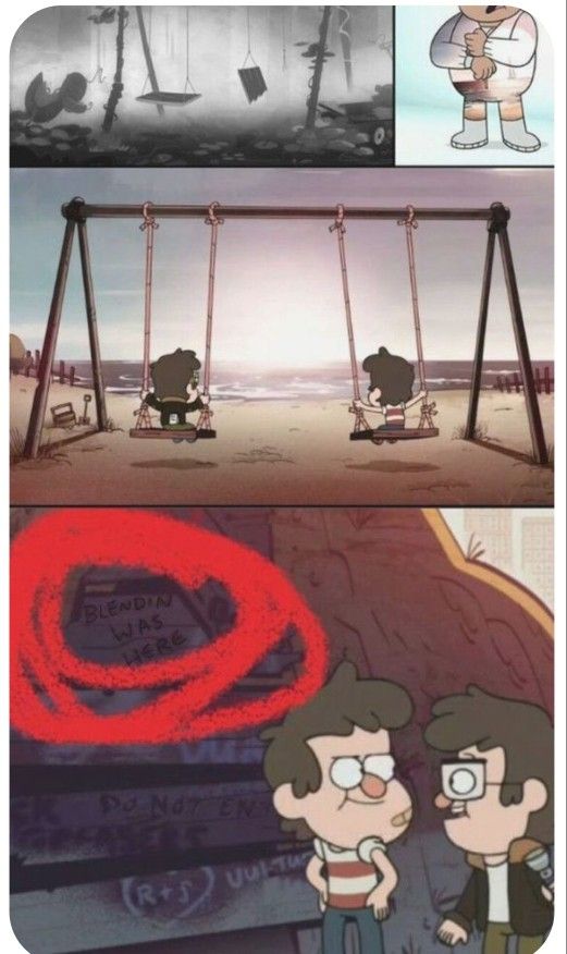 two cartoon characters are on swings and one is looking at the camera, while another has drawn