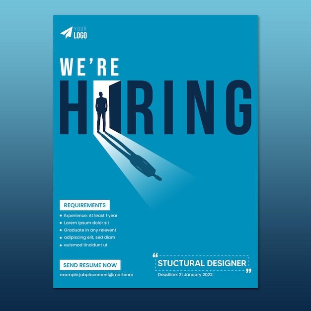 a blue poster with the words we're hiring and a man standing in an open doorway