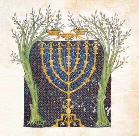 an illustration of a menorah and trees