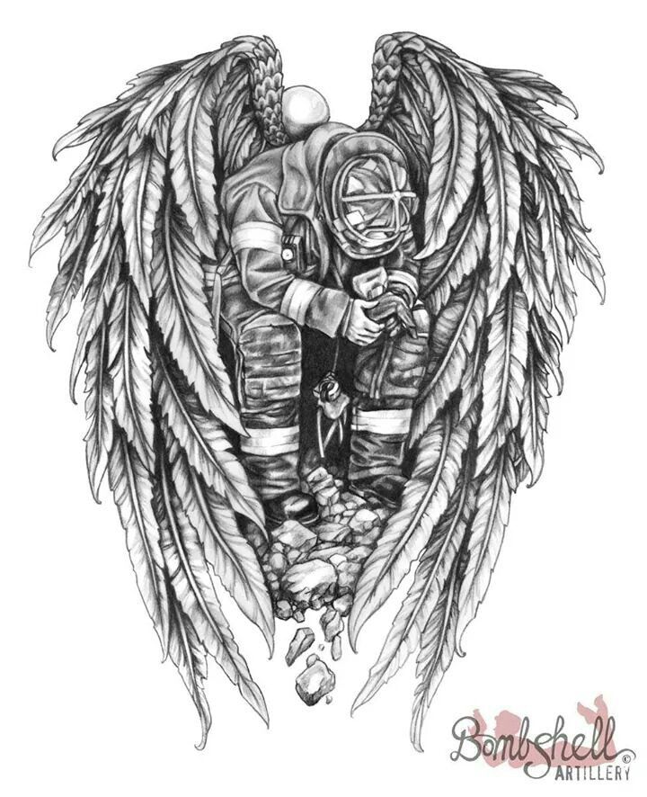 a drawing of an angel holding a fireman